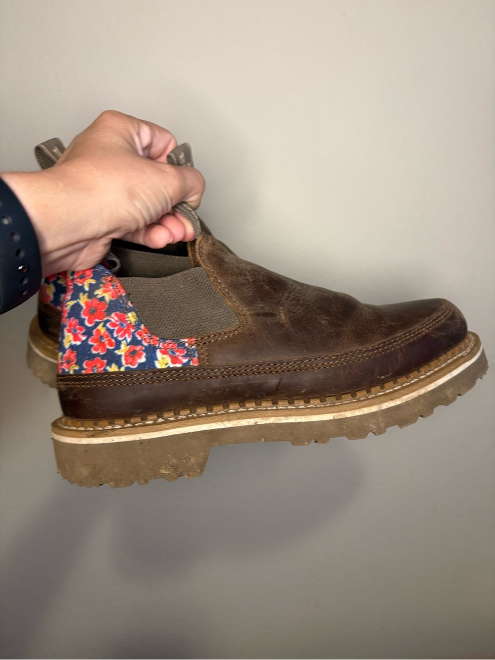 Georgia Boot Brown Leather Ankle Booties with Red Floral Accent